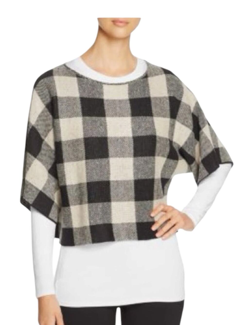 Eileen Fisher Top-Organic linen-Cropped-Boxy-Plaid Black/Beige-Lagenlook-1193